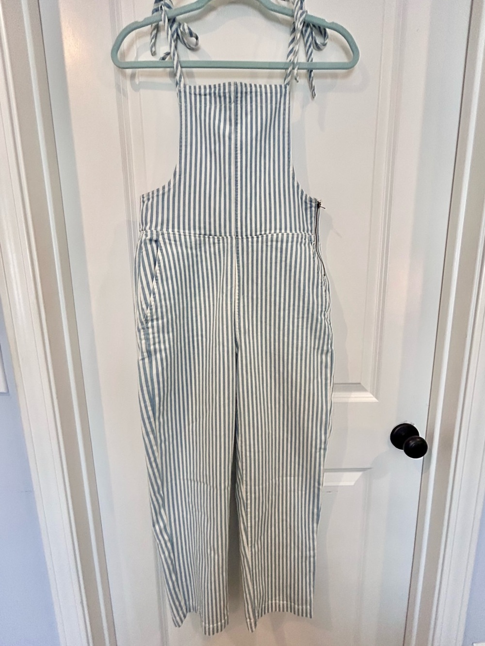 NEW XS Madewell Tie-Strap Overalls Railroad Stripe Light Blue Jumpsuit Denim NWT